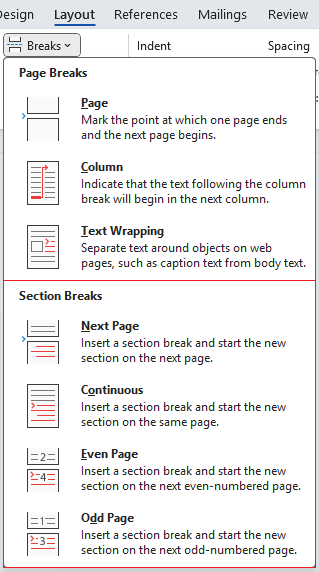 Layout Breaks Section Breaks on ribbon in Word